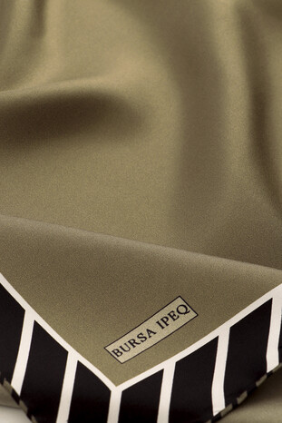 Khaki Stripe Pattern Twill Silk Square Scarf - Thumbnail