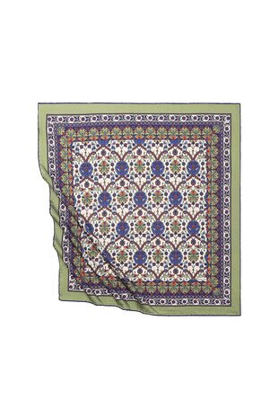 Khaki Tile Tulip Pattern Silky Square Scarf - Thumbnail