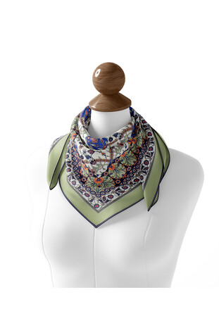 Khaki Tile Tulip Pattern Soft Square Scarf - Thumbnail