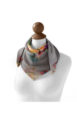 Light Gray Floral Silk Square Scarf - Thumbnail