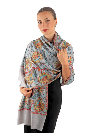 Light Gray Jacquard Patterned Wool Shawl - Thumbnail