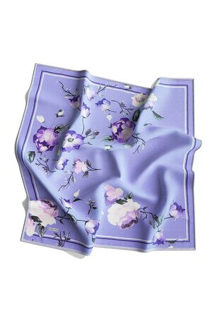 Lilac Floral Twill Silk Square Scarf - Thumbnail