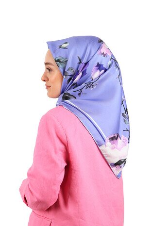 Lilac Floral Twill Silk Square Scarf - Thumbnail