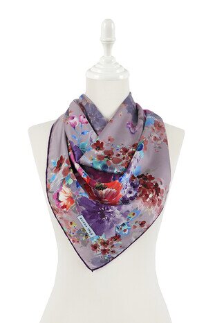 Lilac Geranium Pattern Silky Square Scarf - Thumbnail