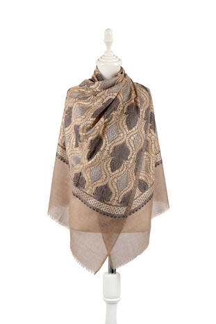 Milk Brown Anthracite Suzani Embroidered Wool Silk Shawl - Thumbnail