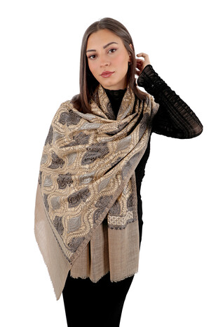 Milk Brown Anthracite Suzani Embroidered Wool Silk Shawl - Thumbnail