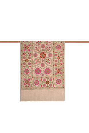 Milk Brown Fuchsia Full Embroidered Suzani Wool Shawl - Thumbnail