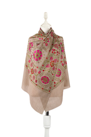 Milk Brown Fuchsia Full Embroidered Suzani Wool Shawl - Thumbnail