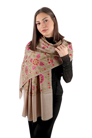 Milk Brown Fuchsia Full Embroidered Suzani Wool Shawl - Thumbnail