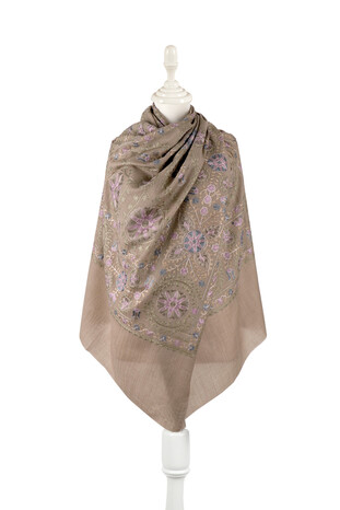 Milk Brown Lilac Full Embroidered Suzani Wool Shawl - Thumbnail