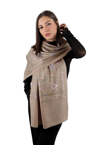 Milk Brown Lilac Full Embroidered Suzani Wool Shawl - Thumbnail