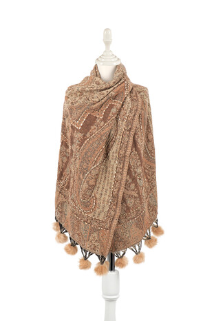 Milky Brown Embroidered Pompom Winter Shawl - Thumbnail