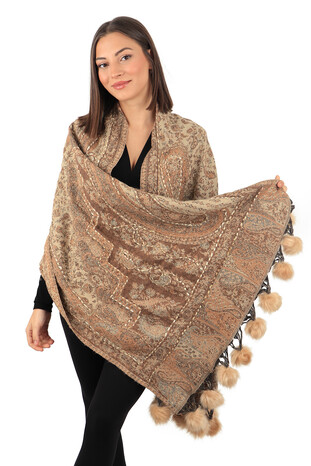 Milky Brown Embroidered Pompom Winter Shawl - Thumbnail