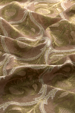 Milky Brown Green Suzani Embroidered Wool Silk Shawl - Thumbnail