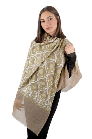 Milky Brown Green Suzani Embroidered Wool Silk Shawl - Thumbnail