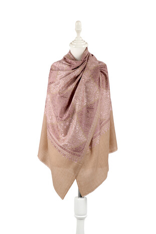 Milky Brown Pink Embroidered Suzani Wool Shawl - Thumbnail