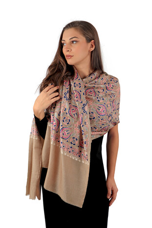 Milky Coffee Fully Embroidered Suzani Wool Shawl - Thumbnail