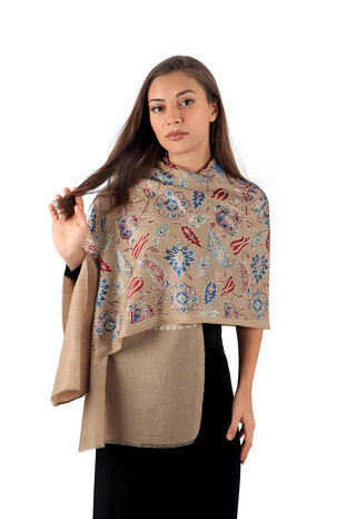 Milky Coffee Fully Embroidered Suzani Wool Shawl - Thumbnail