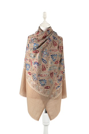 Milky Coffee Fully Embroidered Suzani Wool Shawl - Thumbnail