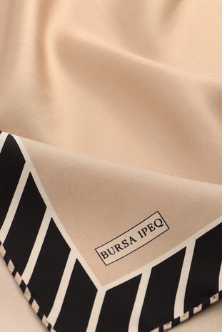 Milky Coffee Stripe Pattern Twill Silk Square Scarf - Thumbnail