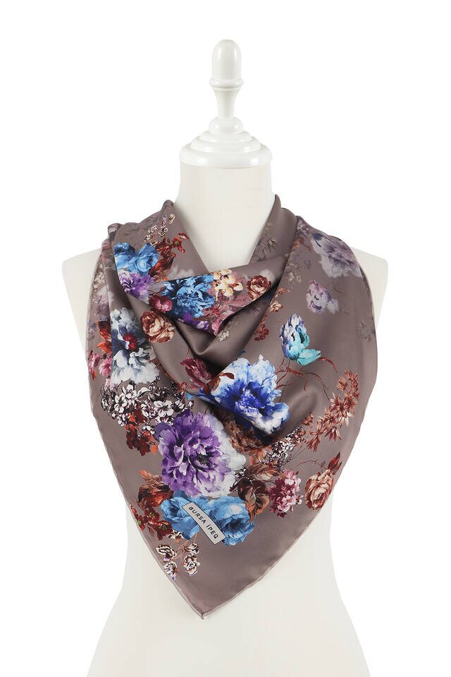 Mink Begonia Pattern Silky Square Scarf - 2