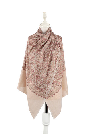 Mink Embroidered Wool Silk Shawl - Thumbnail