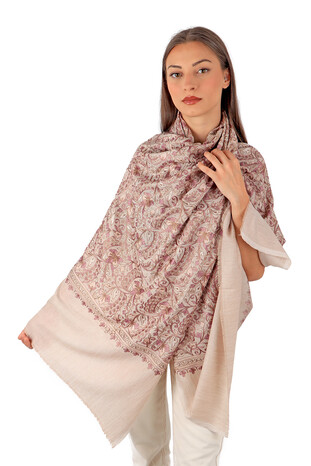 Mink Embroidered Wool Silk Shawl - Thumbnail