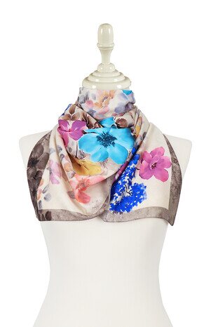 Mink Floral Silky Foulard - Thumbnail