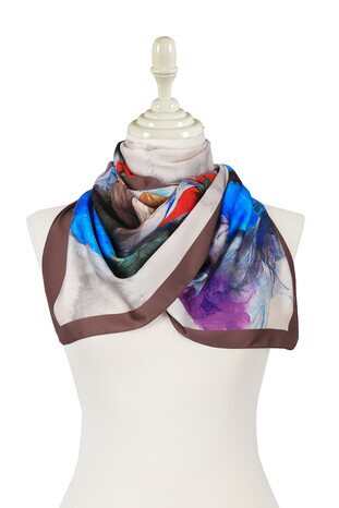 Mink Poppy Pattern Silky Foulard - Thumbnail