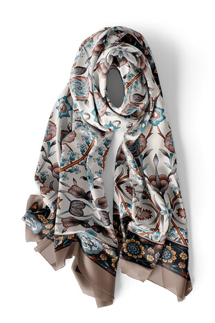 Mink Selçuk Pattern Narrow Silk Foulard - Thumbnail