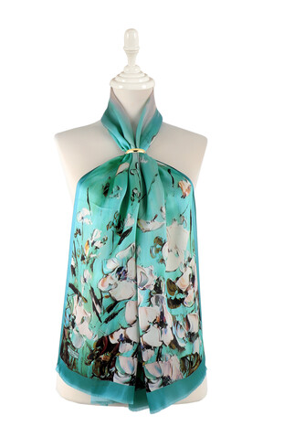 Mint Anemone Pattern Silk Foulard - Thumbnail