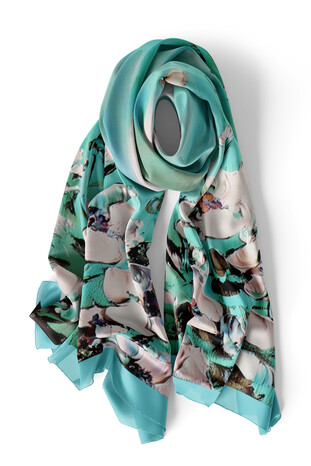 Mint Anemone Pattern Silk Foulard - Thumbnail