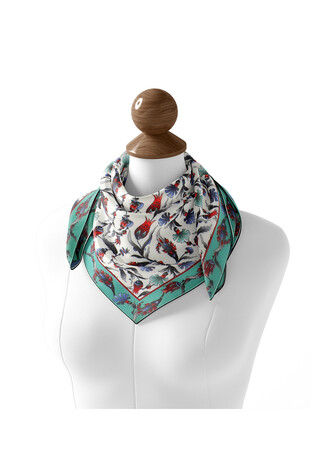 Mint Carnation Tulip Pattern Soft Square Scarf - Thumbnail