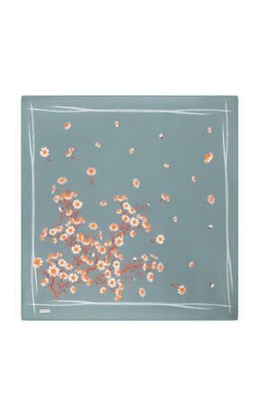 Mint Daisy Pattern Twill Silk Square Scarf - Thumbnail