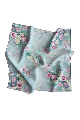 Mint Floral Silk Square Scarf - Thumbnail