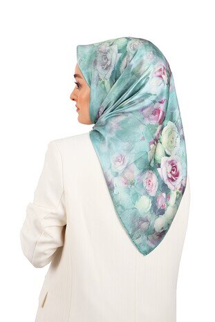 Mint Floral Silk Square Scarf - Thumbnail