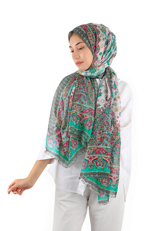 Mint Patterned Indian Silk Scarf - Thumbnail