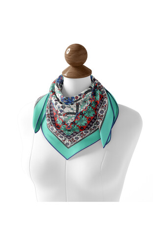 Mint Tile Tulip Pattern Soft Square Scarf - Thumbnail