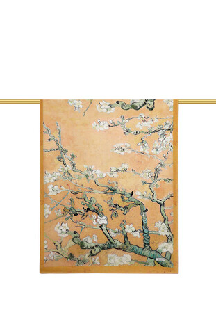 Mustard Almond Blossom Pattern Voile Silk Scarf - Thumbnail