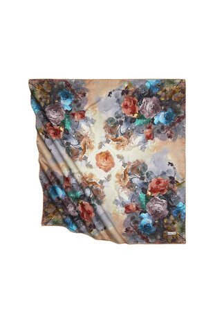 Mustard Flower Pattern Silky Square Scarf - Thumbnail