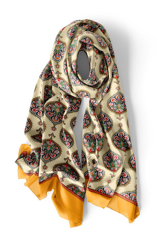 Mustard Hatai Pattern Narrow Silk Foulard - Thumbnail