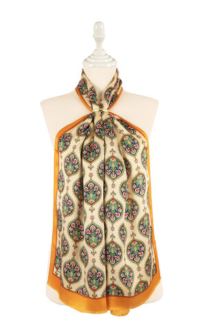 Mustard Hatai Pattern Narrow Silk Foulard - Thumbnail