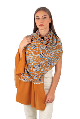 Mustard Navy Blue Tulip Pattern Embroidered Wool Silk Shawl - Thumbnail