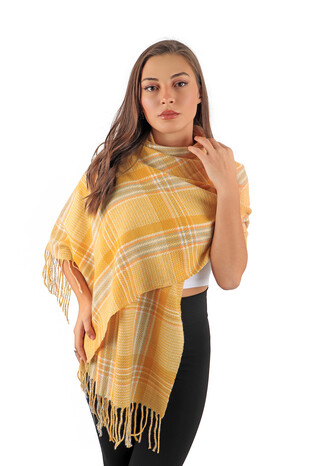 Mustard Orange Patterned Winter Shawl - Thumbnail