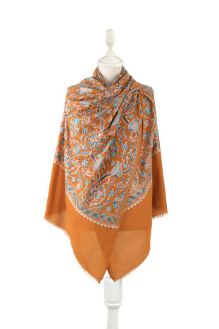 Mustard Turquoise Tulip Pattern Embroidered Wool Silk Shawl - Thumbnail