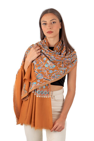 Mustard Turquoise Tulip Pattern Embroidered Wool Silk Shawl - Thumbnail