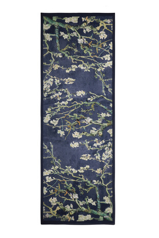 Navy Blue Almond Blossom Pattern Voile Silk Scarf - Thumbnail