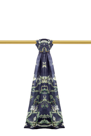 Navy Blue Almond Blossom Pattern Voile Silk Scarf - Thumbnail