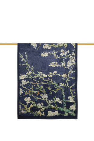 Navy Blue Almond Blossom Pattern Voile Silk Scarf - Thumbnail