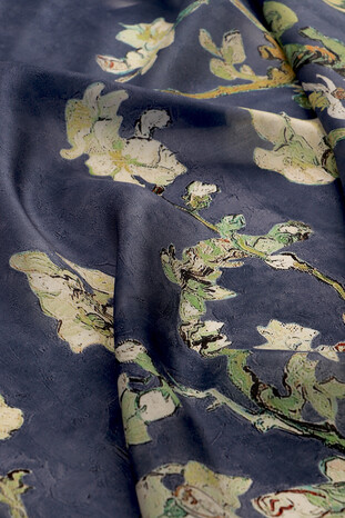 Navy Blue Almond Blossom Pattern Voile Silk Scarf - Thumbnail